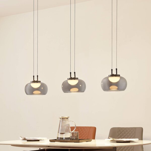 Lucande LED-es függőlámpa Dain, 3-lámpás, füstszürke, üveg, Alu / szürke / cink, Nappali / Étkező, Üveg, Modern