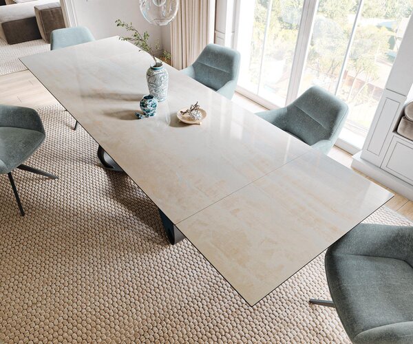 DELIFE Étkezőasztal Edge 200-300x100 cm kerámia onyx pezsgő W alakú fém fekete kihúzható