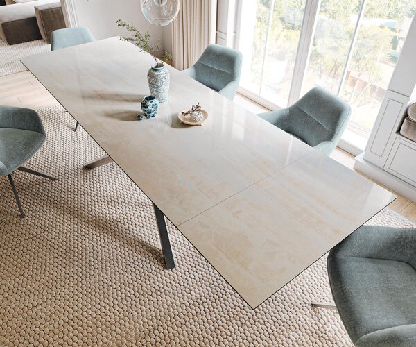 DELIFE Étkezőasztal Edge 200-300x100 cm kerámia onyx pezsgő kereszt láb téglalap rozsdamentes acél grafit kihúzható