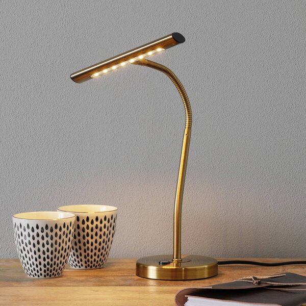 Trio Lighting Curtis hajlítható LED asztali lámpa, antik sárgaréz, dimmelhető, Bronz / antik sárgaréz, Dolgozószoba / Iroda, fém, Modern