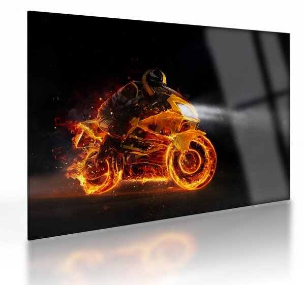 Üveg kép - Motoros lángokkal (70x50 cm)
