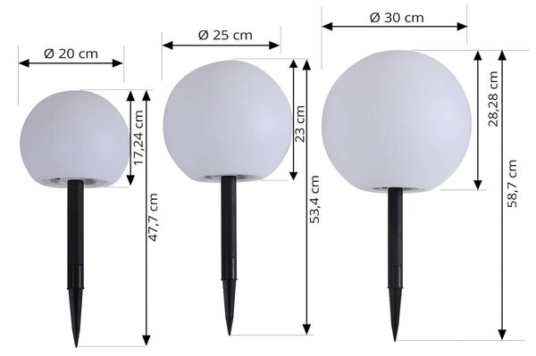 Lindby LED napelemes lámpák Lago, 3 darabos szett, gömbök, földi tüske, fehér, Fehér / opál, Műanyag, Modern
