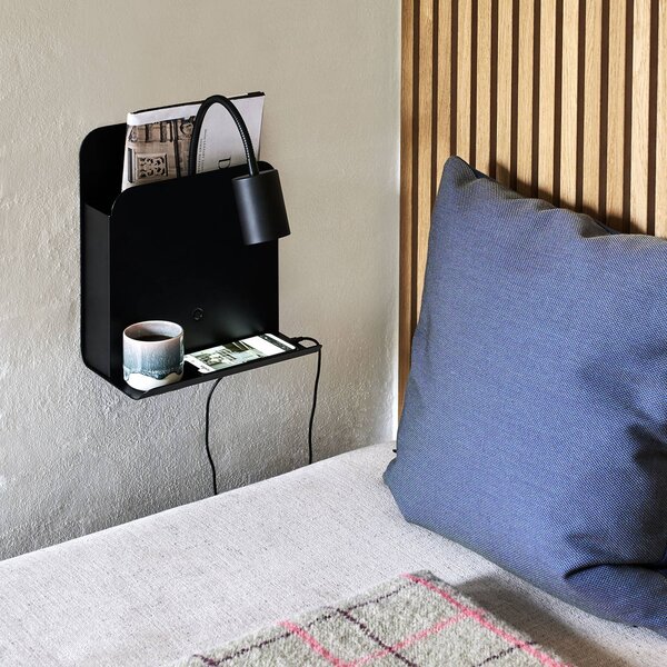 Nordlux Romi fali lámpa polccal és USB-vel, fekete, Fekete, Hálószoba, fém, Modern