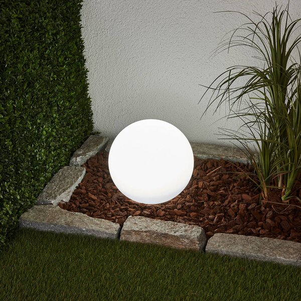 Lindby LED napelemes lámpa Lago, Ø 25 cm, gömb, földi tüske, fehér, Fehér / opál, Műanyag, Modern