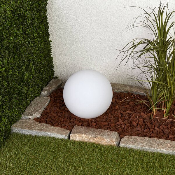 Lindby LED napelemes lámpa Lago, Ø 25 cm, gömb, földi tüske, fehér, Fehér / opál, Műanyag, Modern