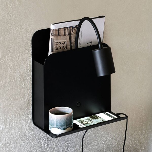 Nordlux Romi fali lámpa polccal és USB-vel, fekete, Fekete, Hálószoba, fém, Modern
