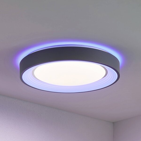 Lindby LED mennyezeti lámpa Lindum, RGB, CCT, távirányítóval, dimmelhető, dimmelhető, Alu / szürke / cink, Nappali / Étkező, fém, Modern