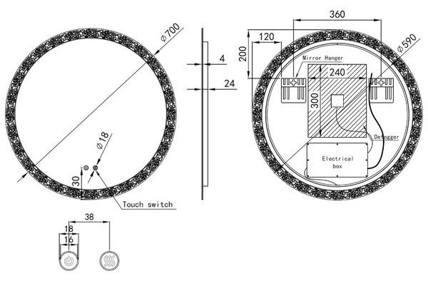 Ø70cm kerek Led tükör | Páramentesítő - Fényerő + színhőfok állítás