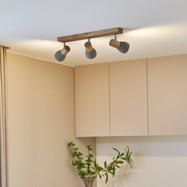 Lindby Filiz spotlámpa, 3-lámpás, 47 cm hosszú, fa, beton, E14, dimmelhető, Alu / szürke / cink, Hálószoba, Beton, Skandináv