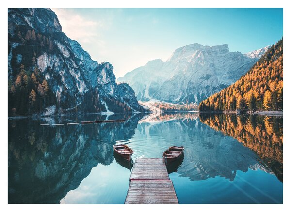 Üveg kép - Csónakok a Braies-tónál (70x50 cm)