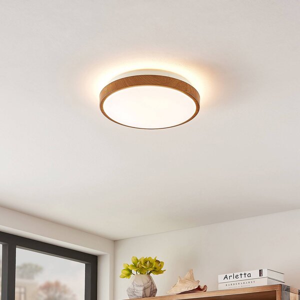 Lindby LED mennyezeti lámpa Mendosa, kerek, világos fa, Ø 29cm, Világos fa, Nappali / Étkező, Műanyag, Modern