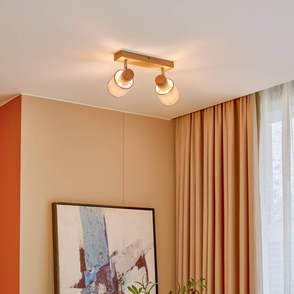 Lindby Wanessa mennyezeti spotlámpa, 39cm, 2-lámpás, fa, fehér, E14, dimmelhető, Világos fa, Nappali / Étkező, Fa, Modern