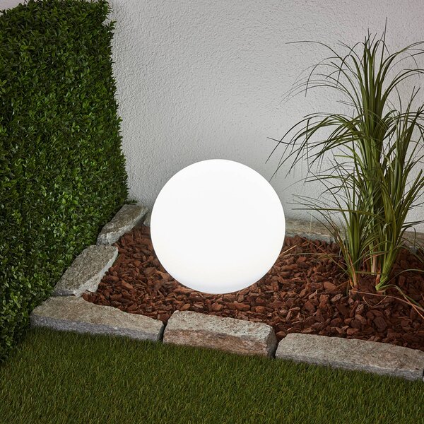 Lindby LED napelemes lámpa Lago, Ø 30 cm, gömb, földi tüske, fehér, Fehér / opál, Műanyag, Modern