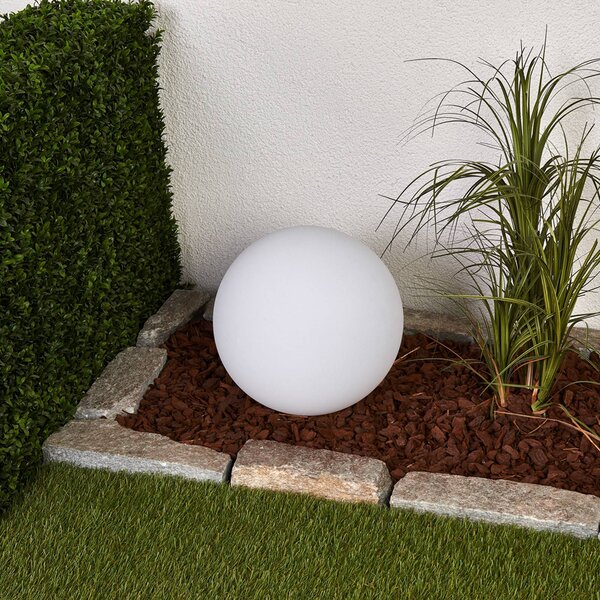 Lindby LED napelemes lámpa Lago, Ø 30 cm, gömb, földi tüske, fehér, Fehér / opál, Műanyag, Modern