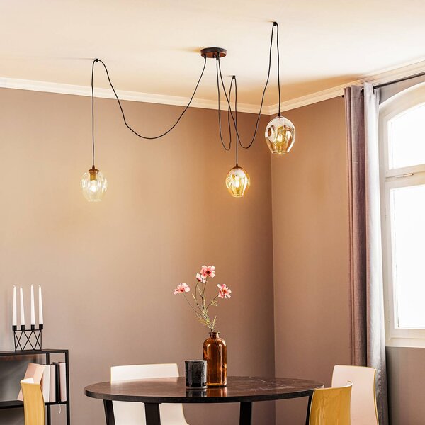 EMIBIG LIGHTING Starla függő lámpa, üveg grafit/borostyán/tiszta, 3 izzós, decentralizált, dimmelhető, Fekete, Nappali / Étkező, Üveg, Modern