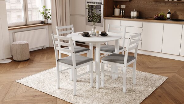 MAZZONI EXPORT TORINO étkezőgarnitúra Kerek asztal + 4 szék Fehér / Világosszürke