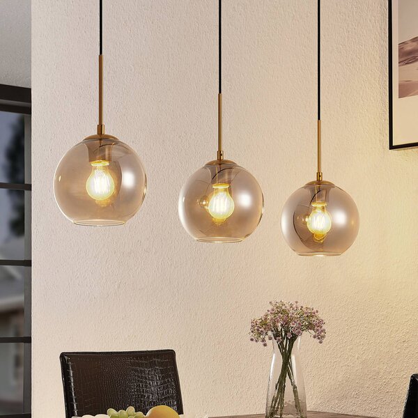 Lindby függőlámpa Hiwana, füstszürke, üveg, 3 lámpás, dimmelhető, Alu / szürke / cink, Nappali / Étkező, Üveg, Modern