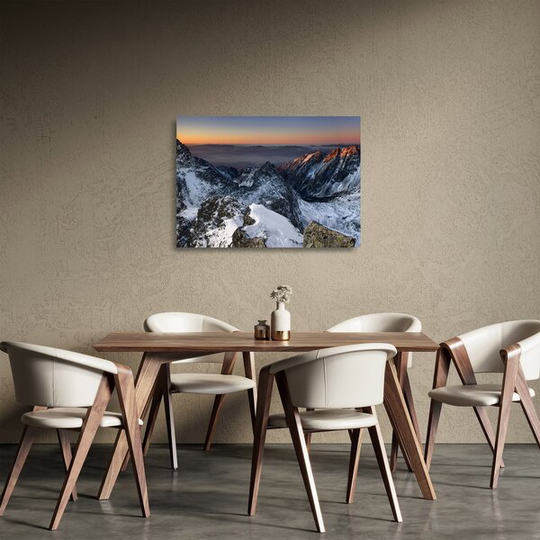 Üveg kép - Napfelkelte a hegyekben (70x50 cm)
