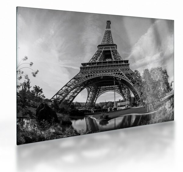 Üveg kép - Eiffel-torony, fekete-fehér (70x50 cm)
