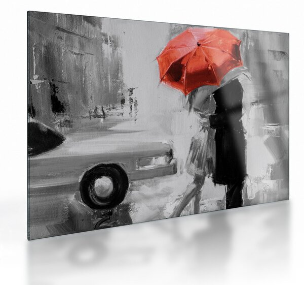 Üveg kép - Szerelmespár egy esernyő alatt, piros (70x50 cm)
