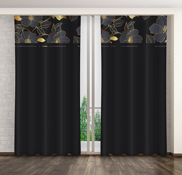 Klasszikus fekete függöny arany virágokkal Szélesség: 160 cm | Hossz: 250 cm