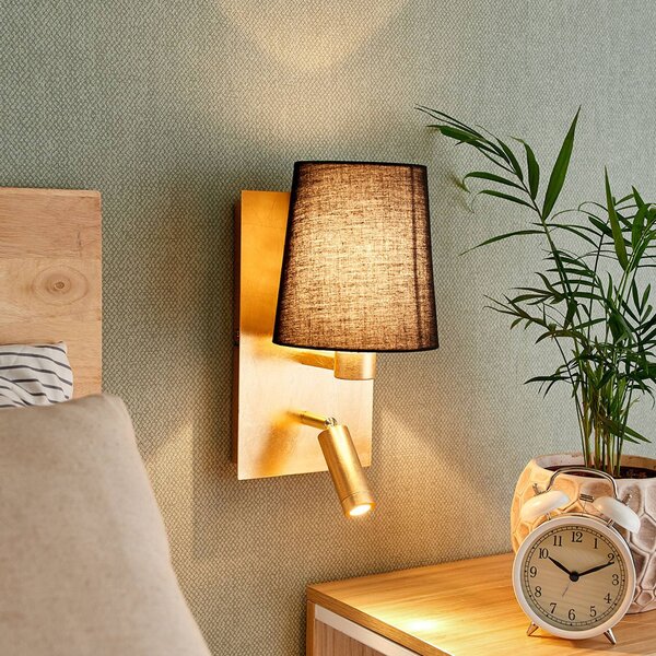 Lindby fali lámpa Aiden, 30cm, fekete, arany, LED-es olvasólámpa, Fekete, Nappali / Étkező, Textil / szövet / selyem, Modern