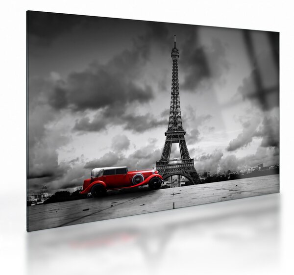 Üveg kép - Az Eiffel-torony és a piros autó (70x50 cm)