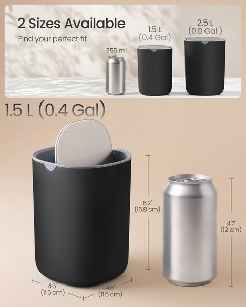Mini Cos de gunoi pentru birou Parri, Negru, 11.6x11.6x15.8 cm