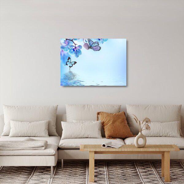 Üveg kép - Pillangó orchidea virágon, kék (70x50 cm)