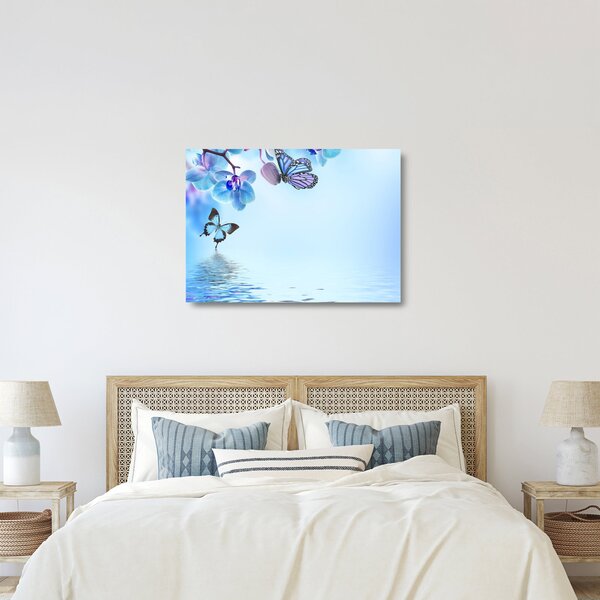 Üveg kép - Pillangó orchidea virágon, kék (70x50 cm)