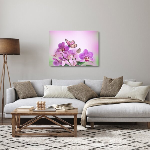 Üveg kép - Pillangó orchidea virágon, lila (70x50 cm)