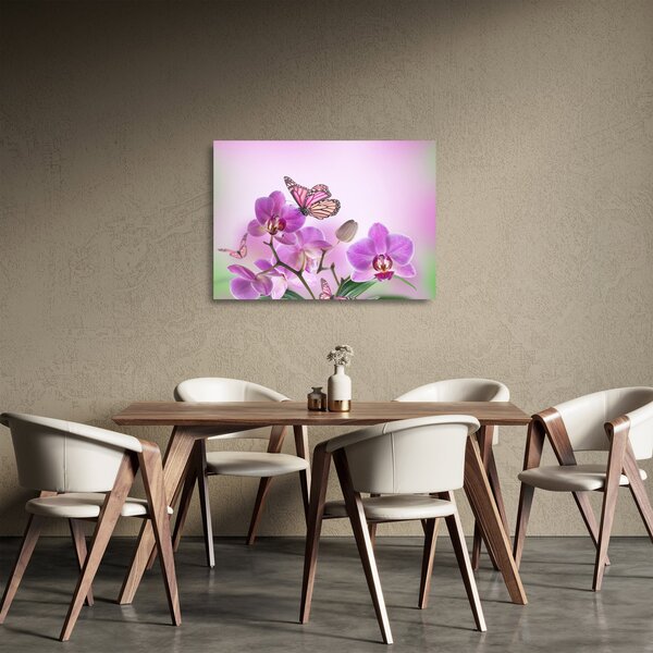 Üveg kép - Pillangó orchidea virágon, lila (70x50 cm)