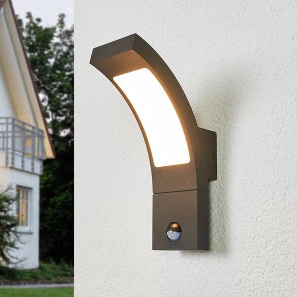 Lucande LED kültéri fali lámpa Juvia, érzékelő, 27 cm, szürke, IP54, Fekete, Alumínium, Modern