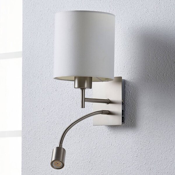 Lindby Camilo fali lámpa, nikkel színű, LED-es olvasólámpa, 28 cm, Fehér / opál, Nappali / Étkező, Textil / szövet / selyem, Modern