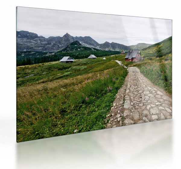 Üveg kép - Hegyi táj házakkal (70x50 cm)