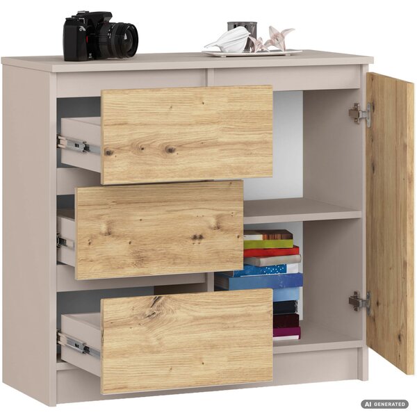 AKORD Jerry K80 Komód Laminált Lap Kasmír / Artisan Tölgy 3 Fiókkal