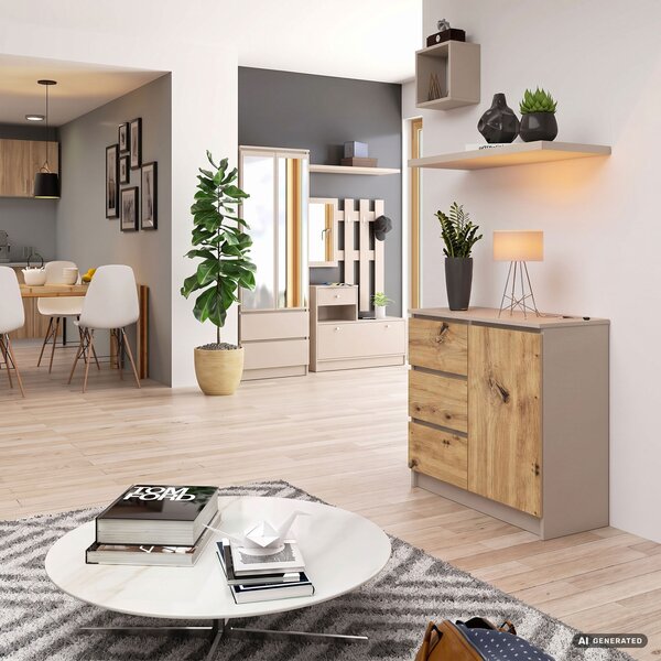 AKORD Jerry K80 Komód Laminált Lap Kasmír / Artisan Tölgy 3 Fiókkal