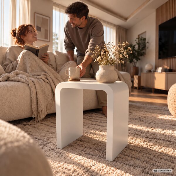 AKORD Furniture Factory CREMA Dohányzóasztal MDF Fehér Lekerekített Élekkel