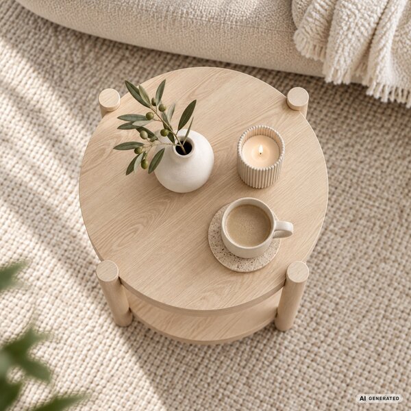 AKORD Furniture Factory Terra Kerek Dohányzóasztal MDF Természetes Fa Alsó Polccal