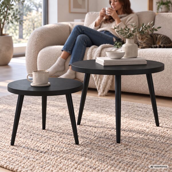 AKORD Furniture Factory TWINO Dohányzóasztal Szett MDF Fekete Kerek