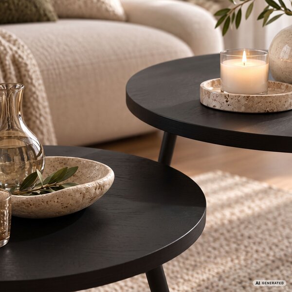 AKORD Furniture Factory TWINO Dohányzóasztal Szett MDF Fekete Kerek