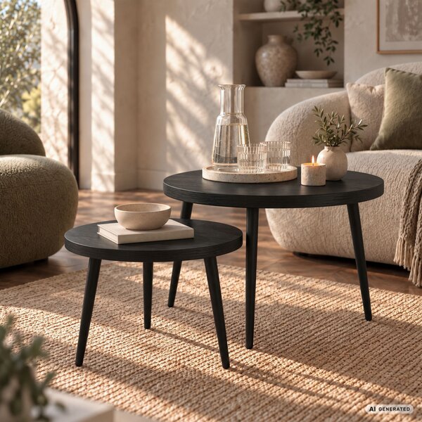AKORD Furniture Factory TWINO Dohányzóasztal Szett MDF Fekete Kerek