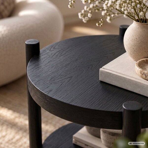 AKORD Furniture Factory Terra Kerek Dohányzóasztal MDF Fekete Polccal