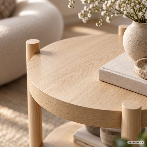AKORD Furniture Factory Terra Kerek Dohányzóasztal MDF Természetes Fa Alsó Polccal