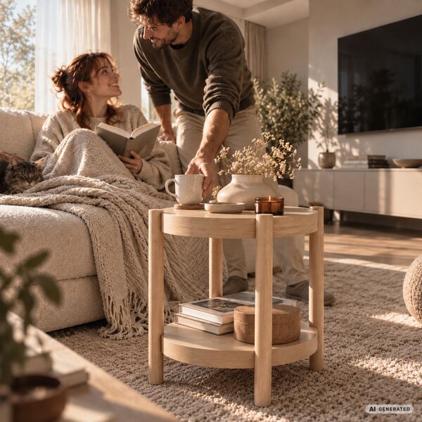 AKORD Furniture Factory Terra Kerek Dohányzóasztal MDF Természetes Fa Alsó Polccal
