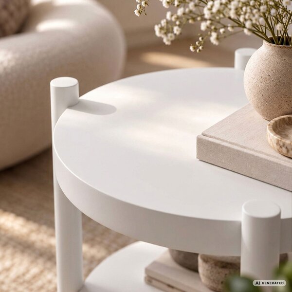 AKORD Furniture Factory Terra Kerek Dohányzóasztal MDF Fehér Polccal