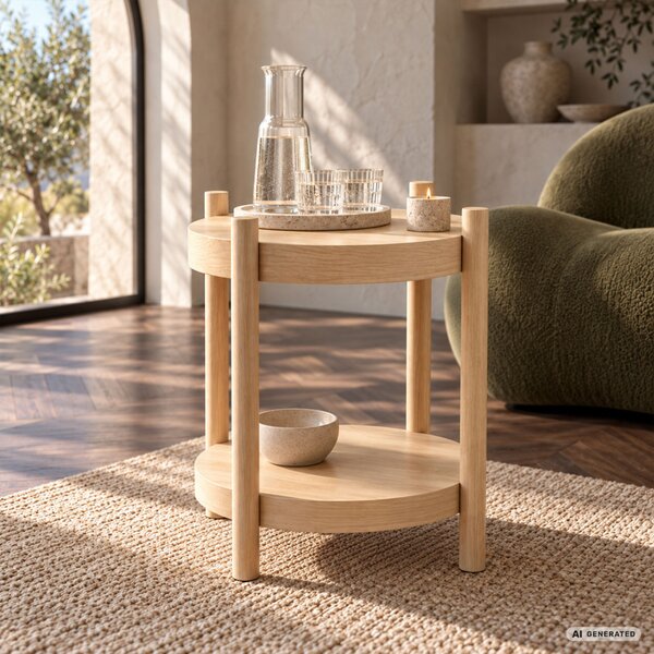 AKORD Furniture Factory Terra Kerek Dohányzóasztal MDF Természetes Fa Alsó Polccal