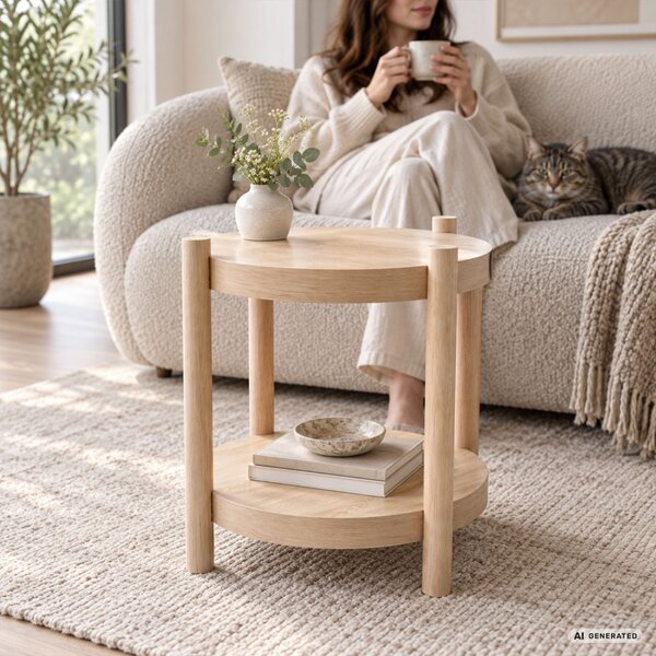 AKORD Furniture Factory Terra Kerek Dohányzóasztal MDF Természetes Fa Alsó Polccal