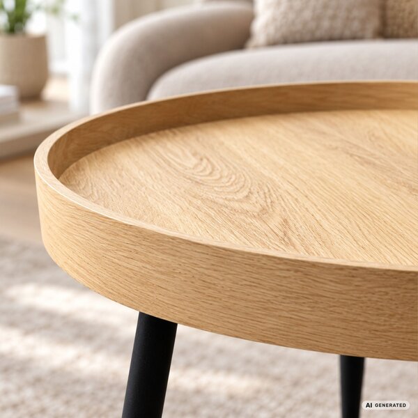 AKORD Furniture Factory PICCO Kerek Dohányzóasztal MDF Természetes Fa Fekete Lábakkal