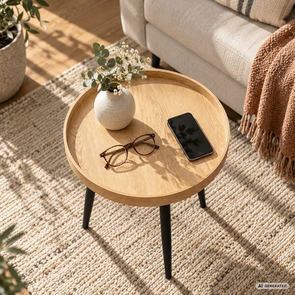 AKORD Furniture Factory PICCO Kerek Dohányzóasztal MDF Természetes Fa Fekete Lábakkal